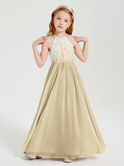 Lace Top Long Chiffon Bridesmaid Dresses Champagne