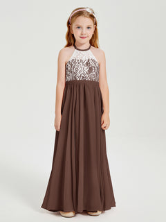 Lace Top Long Chiffon Bridesmaid Dresses Chocolate