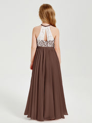Lace Top Long Chiffon Bridesmaid Dresses Chocolate