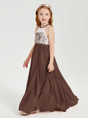 Lace Top Long Chiffon Bridesmaid Dresses Chocolate