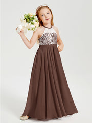 Lace Top Long Chiffon Bridesmaid Dresses Chocolate