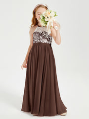 Lace Top Long Chiffon Bridesmaid Dresses Chocolate