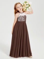 Lace Top Long Chiffon Bridesmaid Dresses Chocolate