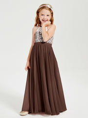 Lace Top Long Chiffon Bridesmaid Dresses Chocolate