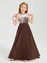 Lace Top Long Chiffon Bridesmaid Dresses Chocolate