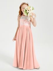 Lace Top Long Chiffon Bridesmaid Dresses Coral