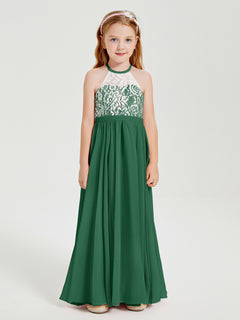 Lace Top Long Chiffon Bridesmaid Dresses Dark Green