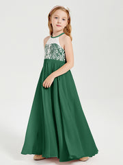 Lace Top Long Chiffon Bridesmaid Dresses Dark Green