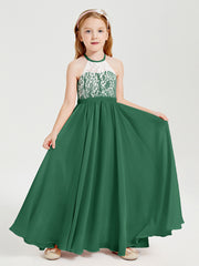 Lace Top Long Chiffon Bridesmaid Dresses Dark Green
