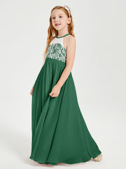 Lace Top Long Chiffon Bridesmaid Dresses Dark Green