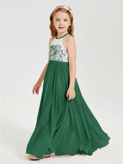 Lace Top Long Chiffon Bridesmaid Dresses Dark Green