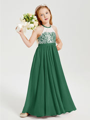 Lace Top Long Chiffon Bridesmaid Dresses Dark Green