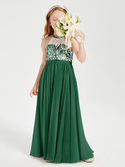 Lace Top Long Chiffon Bridesmaid Dresses Dark Green