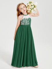 Lace Top Long Chiffon Bridesmaid Dresses Dark Green