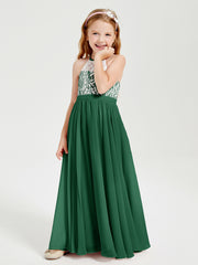 Lace Top Long Chiffon Bridesmaid Dresses Dark Green
