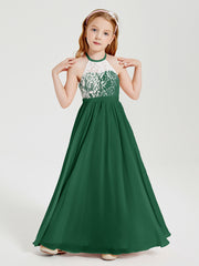 Lace Top Long Chiffon Bridesmaid Dresses Dark Green