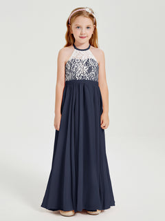 Lace Top Long Chiffon Bridesmaid Dresses Dark Navy