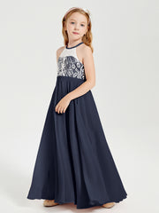 Lace Top Long Chiffon Bridesmaid Dresses Dark Navy