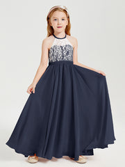 Lace Top Long Chiffon Bridesmaid Dresses Dark Navy