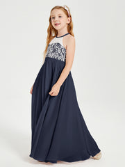Lace Top Long Chiffon Bridesmaid Dresses Dark Navy