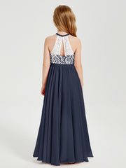 Lace Top Long Chiffon Bridesmaid Dresses Dark Navy