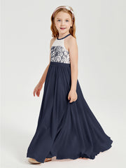 Lace Top Long Chiffon Bridesmaid Dresses Dark Navy