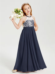 Lace Top Long Chiffon Bridesmaid Dresses Dark Navy