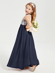 Lace Top Long Chiffon Bridesmaid Dresses Dark Navy