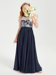 Lace Top Long Chiffon Bridesmaid Dresses Dark Navy