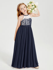 Lace Top Long Chiffon Bridesmaid Dresses Dark Navy