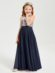 Lace Top Long Chiffon Bridesmaid Dresses Dark Navy