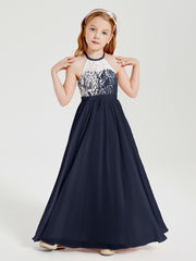 Lace Top Long Chiffon Bridesmaid Dresses Dark Navy