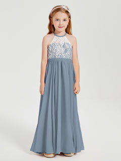 Lace Top Long Chiffon Bridesmaid Dresses Dusty Blue