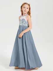 Lace Top Long Chiffon Bridesmaid Dresses Dusty Blue