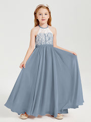 Lace Top Long Chiffon Bridesmaid Dresses Dusty Blue