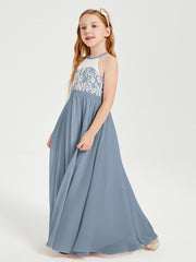 Lace Top Long Chiffon Bridesmaid Dresses Dusty Blue