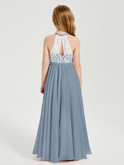 Lace Top Long Chiffon Bridesmaid Dresses Dusty Blue