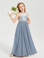 Lace Top Long Chiffon Bridesmaid Dresses Dusty Blue