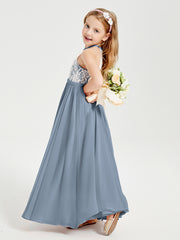 Lace Top Long Chiffon Bridesmaid Dresses Dusty Blue
