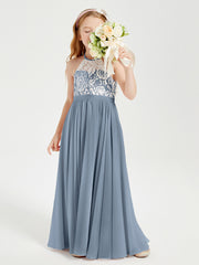 Lace Top Long Chiffon Bridesmaid Dresses Dusty Blue