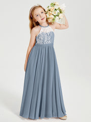 Lace Top Long Chiffon Bridesmaid Dresses Dusty Blue