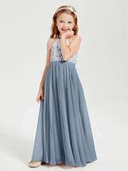 Lace Top Long Chiffon Bridesmaid Dresses Dusty Blue