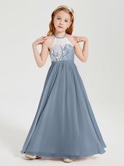 Lace Top Long Chiffon Bridesmaid Dresses Dusty Blue