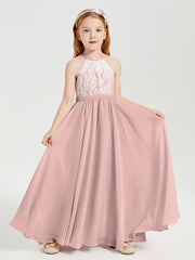 Lace Top Long Chiffon Bridesmaid Dresses Dusty Rose