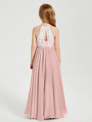Lace Top Long Chiffon Bridesmaid Dresses Dusty Rose