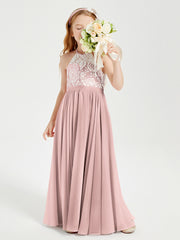 Lace Top Long Chiffon Bridesmaid Dresses Dusty Rose