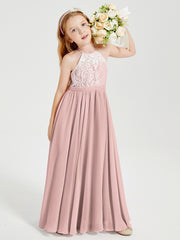 Lace Top Long Chiffon Bridesmaid Dresses Dusty Rose