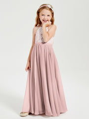 Lace Top Long Chiffon Bridesmaid Dresses Dusty Rose
