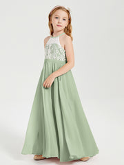 Lace Top Long Chiffon Bridesmaid Dresses Dusty Sage