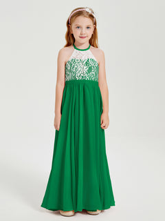 Lace Top Long Chiffon Bridesmaid Dresses Emerald